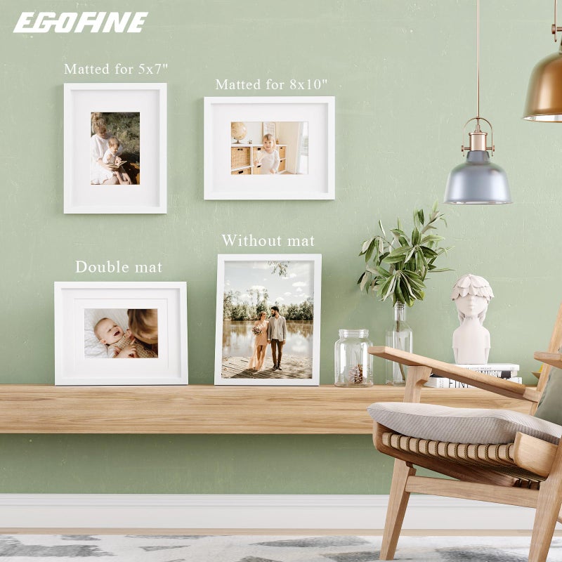 Egofine 11x14 Picture Frames Set of 4, Made of Solid Wood Covered by Plexiglass 5x7 and 8x10 with Mat or 11x14 without Mat, for Table Top Display and Wall Mounting Photo Frame White - Image 5
